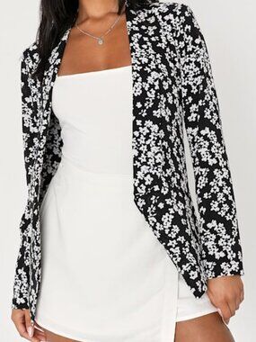 Lulus Miss Punctuality Black And White Floral Lightweight Blazer - Size XS
